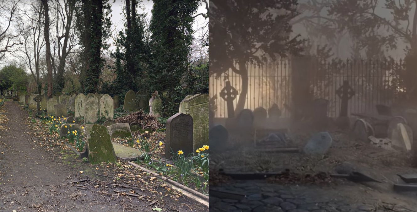 Po lewej Tower Hamlets Cemetery Park, po prawej fikcyjny cmentarz w Vampyr 