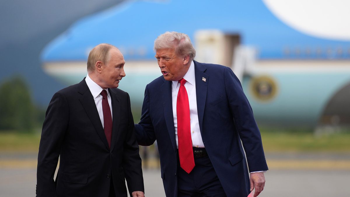 ANCHORAGE, ALASKA - AUGUST 15: U.S. President Donald Trump (R) walks with Russian President Vladimir Putin as they arrives at Joint Base Elmendorf-Richardson on August 15, 2025 in Anchorage, Alaska. The two leaders are meeting for peace talks aimed at ending the war in Ukraine.  (Photo by Andrew Harnik/Getty Images)