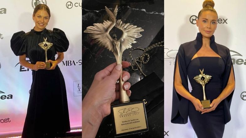 Anna Lewandowska i Małgorzata Rozenek chwalą się statuetkami na ściance 