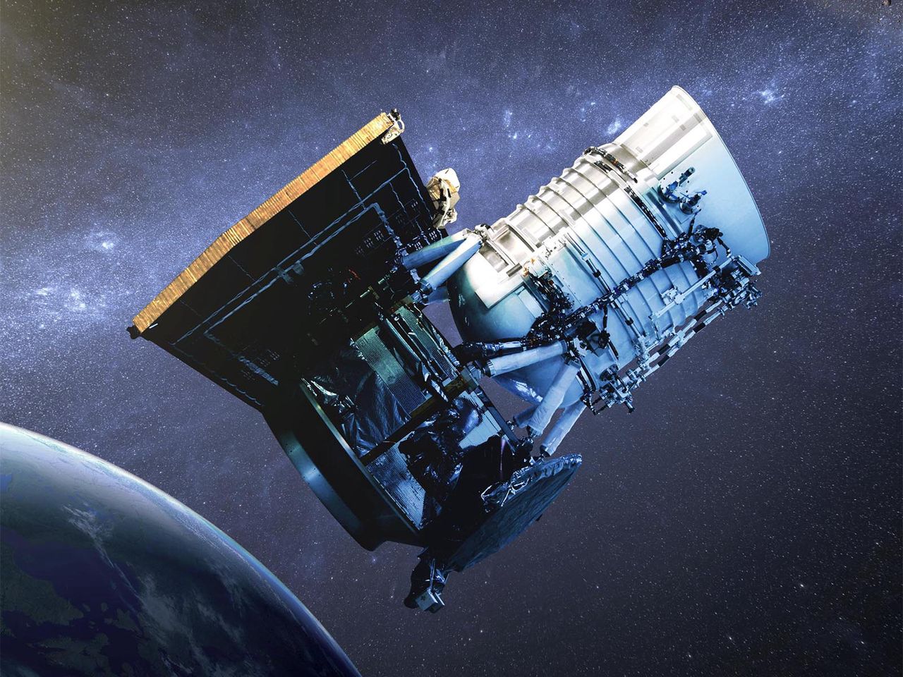 Grafika przedstawiająca teleskop Wide-field Infrared Survey Explorer.