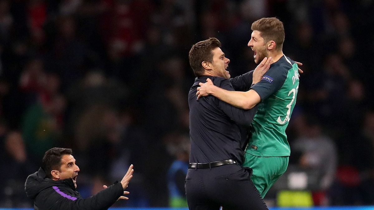 radość trenerów Tottenhamu i Bena Daviesa po awansie do finału Ligi Mistrzów