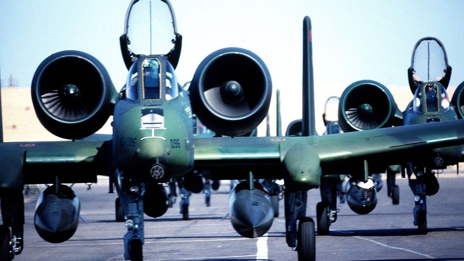 1981 - A front view of several A-10 Thunderbolt II aircraft. The aircraft have just arrived to take part in exercise Bright Star '82. (Photo by: HUM Images/Universal Images Group via Getty Images)