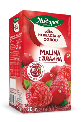 Herbaciany Ogród o smaku Maliny z Żurawiną. Zawartość opakowania: 54 g 20 saszetek x 2,7 g
