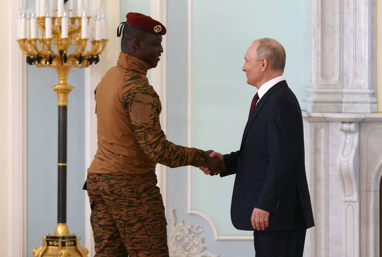 Military leader of Burkina Faso Ibrahim Traore at a meeting in Saint Petersburg with Russian dictator Vladimir Putin