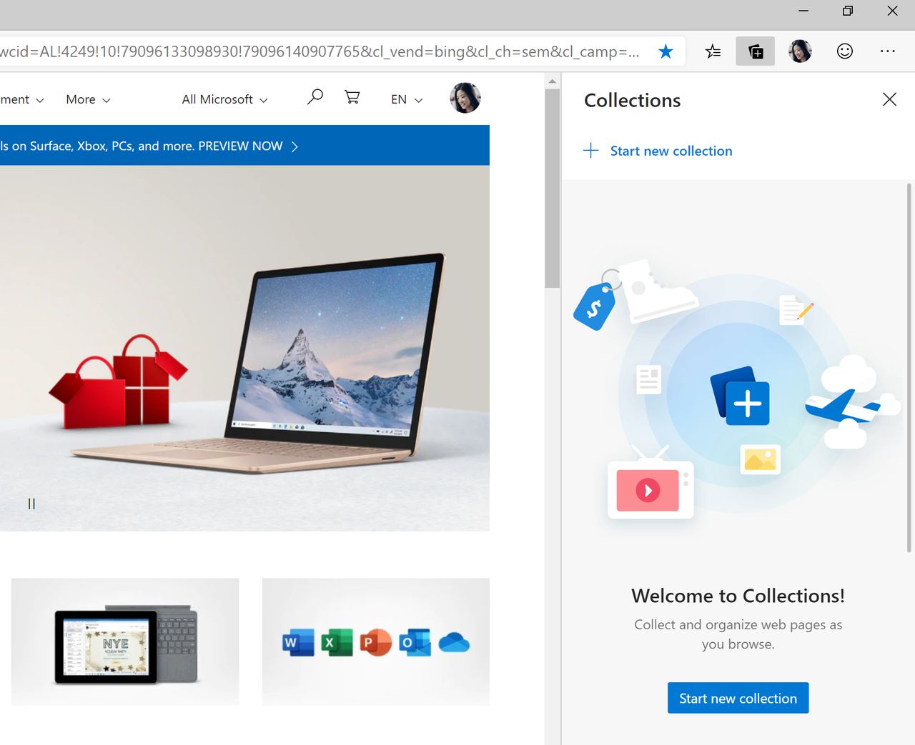 Tak wygląda ekran powitalny funkcji Kolekcje w Microsoft Edge, fot. Microsoft