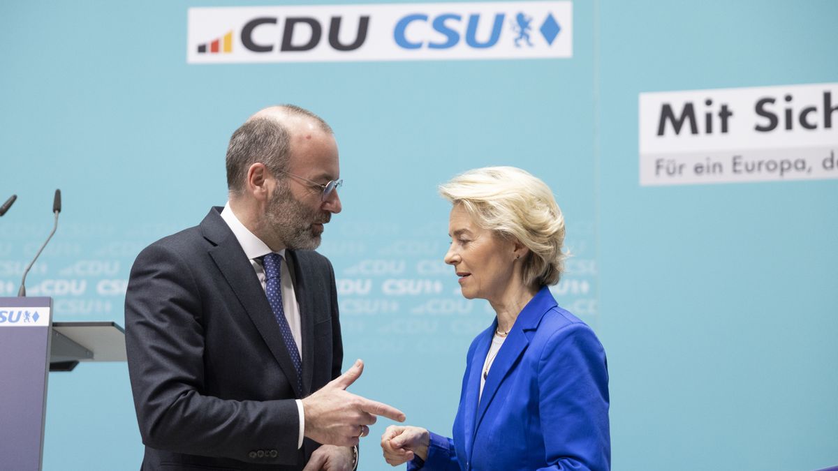 BERLIN, GERMANY - MARCH 11: Manfred Weber, President of the European People's Party (EPP) talks with European Commission President and CDU member Ursula von der Leyen after a joint meeting of the CDU and CSU, who together are Germany's Christian Democratic sister parties, at CDU headquarters on March 11, 2024 in Berlin, Germany. The CDU and CSU are endorsing von der Leyen's bid for a second term as president of the European Commission. The European Union is scheduled to hold parliamentary elections in June. (Photo by Maja Hitij/Getty Images) (Photo by Maja Hitij/Getty Images)