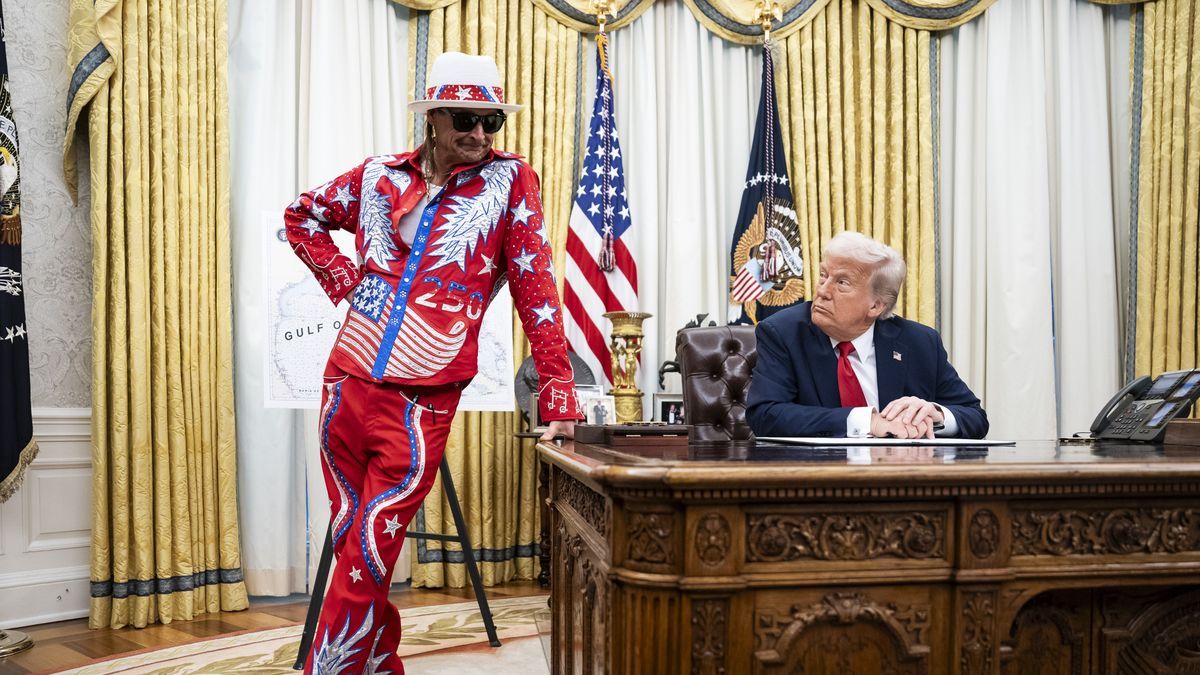 Washington, DC - March 31 : President Donald J Trump, with singer Kid Rock by his side, speaks to reporters and signs an executive order about enforcement in the concert and entertainment industry, in the Oval Office at the White House on Monday, March 31, 2025 in Washington, DC. (Photo by Jabin Botsford/The Washington Post via Getty Images)
