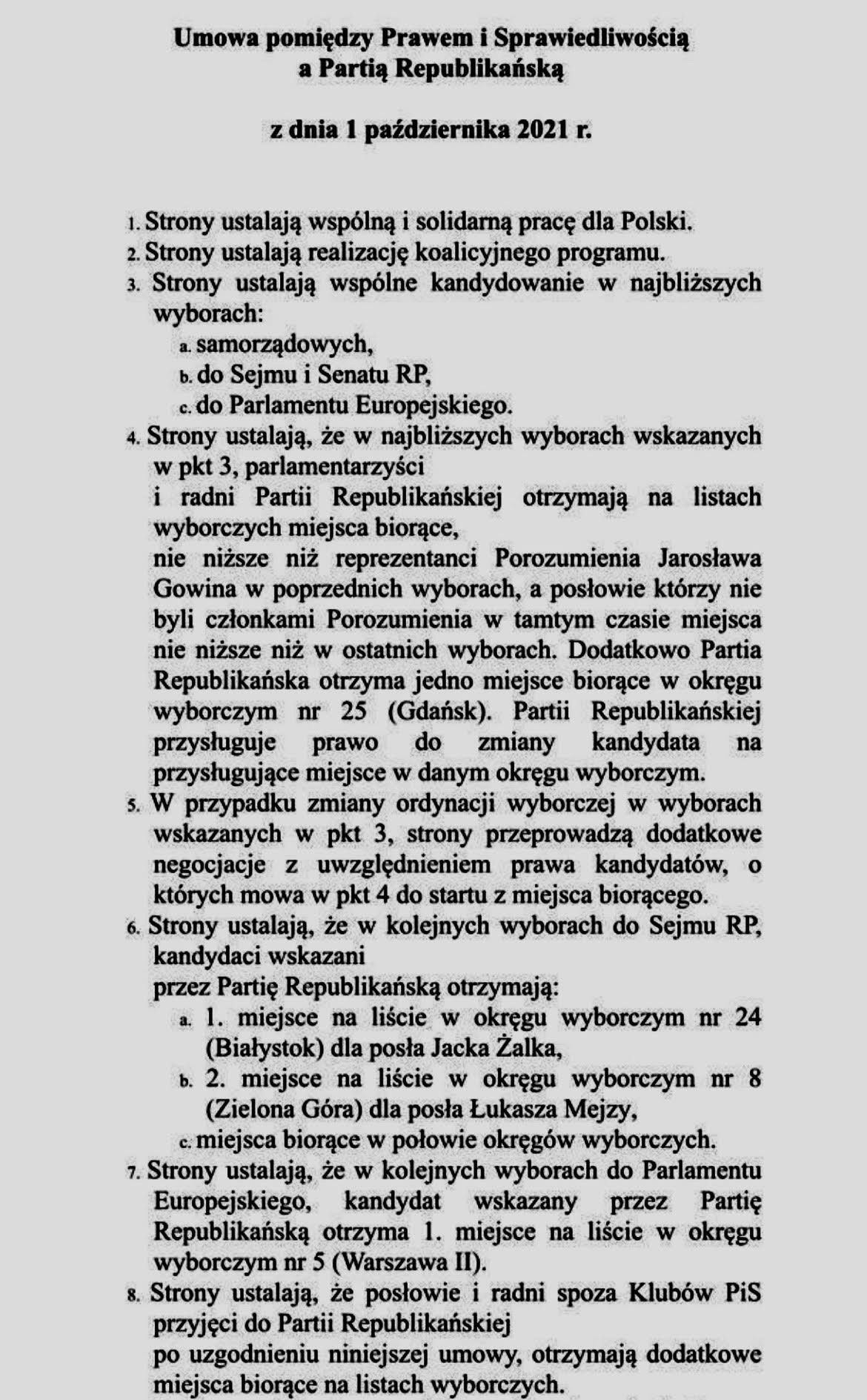 Jeden z końcowych draftów tajnej umowy koalicyjnej między PiS a Partią Republikańską. Według źródeł WP główne założenia znalazły się w ostatecznej wersji umowy