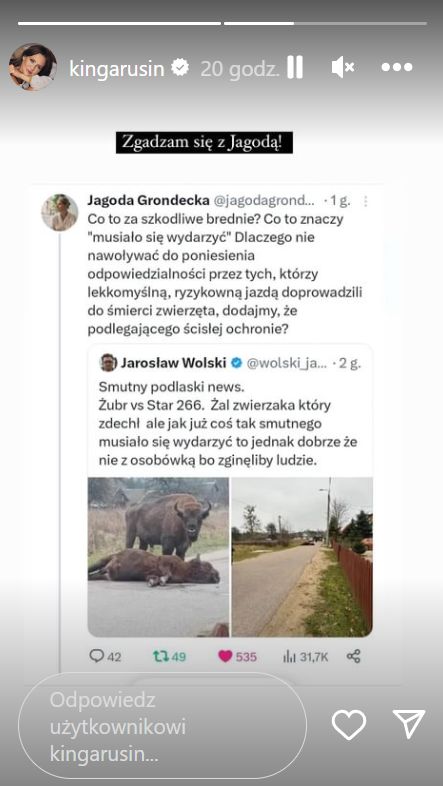 Kinga Rusin o potrąceniu żubra