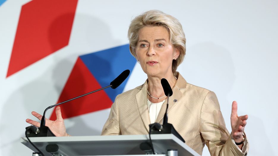 PRAGUE, CZECH REPUBLIC - OCTOBER 07: President of the European Commission Ursula von der Leyen, Czech Republic's Prime Minister Petr Fiala (not seen) and President of the European Council Charles Michel (not seen) give a press conference following an informal summit of the leaders of the European Council at the Prague Castle in Prague, Czech Republic on October 07, 2022. (Photo by Dursun Aydemir/Anadolu Agency via Getty Images)