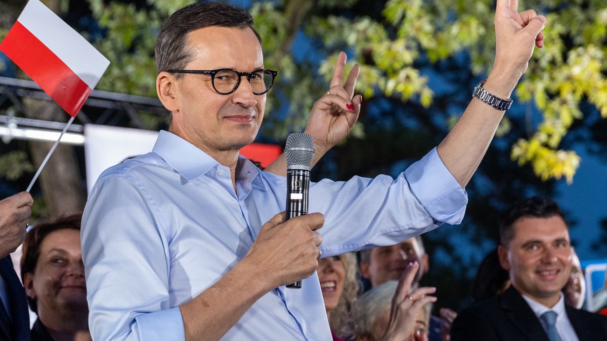 Polish Prime Minister Mateusz Morawiecki during a campaign meeting of the Law and Justice party ahead of parliamentary elections in Poland , in Otwock, Poland, September 19, 2023.


 (Photo by Andrzej Iwanczuk/NurPhoto via Getty Images)