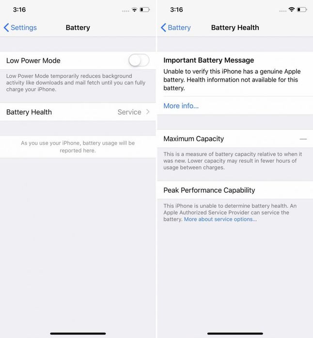 Komunikat o problemie z baterią w iPhone'ie po jej samodzielnej wymianie