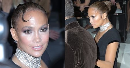 Jennifer Lopez z ulizanymi pejsami i nieudanym makijażem straszy na pokazie Toma Forda (FOTO)