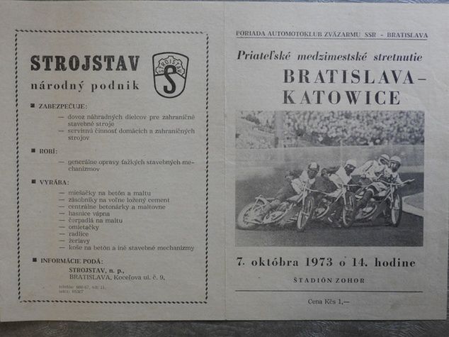Program meczu towarzyskiego Bratysława – Katowice z 1973 roku. Tak naprawdę pod nazwą "Bratysława" rozumiano reprezentację Słowacji.
