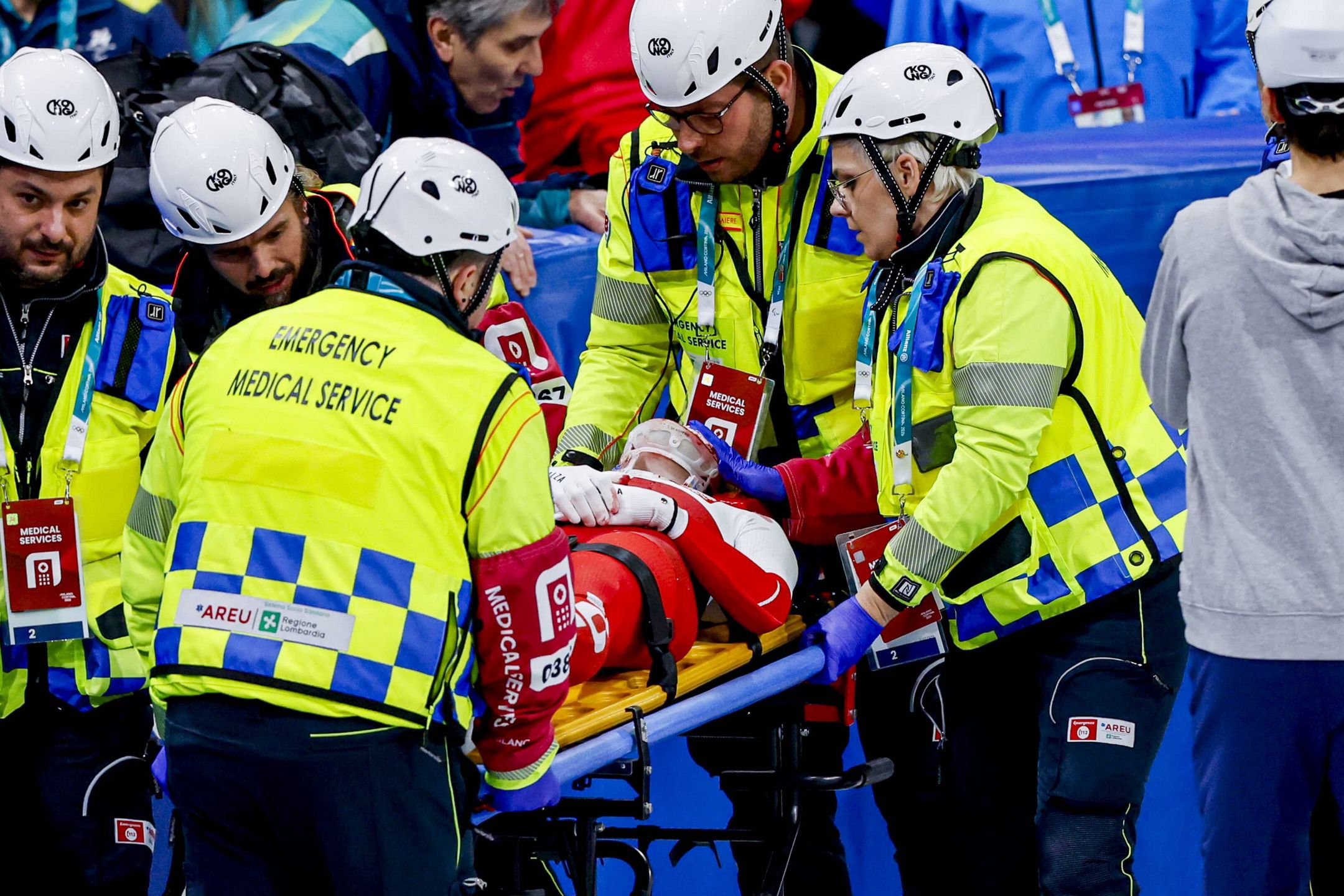 Milan, Italy - February 20: crash and injured Kamila Sellier-Stormowska of Poland receives medical attention after competing on the Short Track Speed Skating Women's 1500m Quarterfinals on day fourteen of the Milano Cortina 2026 Winter Olympics at Milano Speed Skating Stadium on February 20, 2026 in Milan, Italy. (Photo by Henk Jan Dijks/Marcel ter Bals/DeFodi Images/DeFodi via Getty Images)