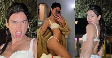 Dua Lipa pozuje przed okazałą willą w futrzastych botkach i bieliźnie (FOTO)