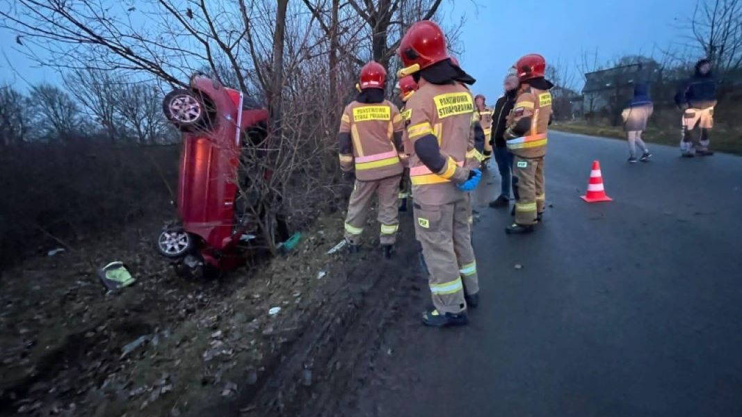 Samochód wpadł do rowu i zakończył podróż pionowo na drzewie 