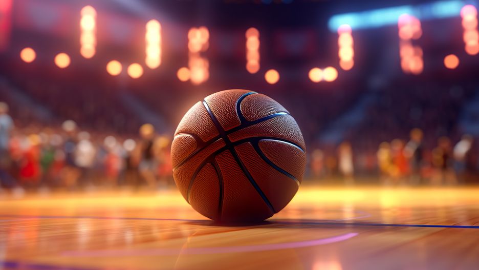 Basketball on wooden floor.