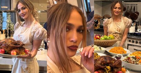 Gospodarna Jennifer Lopez rozdaje uśmiechy nad dorodnym indorem i chwali się suto zastawionym stołem (ZDJĘCIA)
