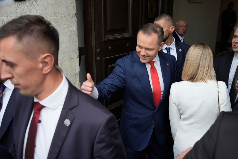 President elect Karol Nawrocki gestrures towards supporters after his certification ceremony at the Royal Castle Square in Warsaw, Poland on 11 June, 2025. (Photo by Jaap Arriens/NurPhoto via Getty Images)