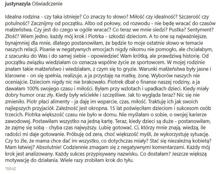Justyna Żyła wydała oświadczenie na Instagramie
