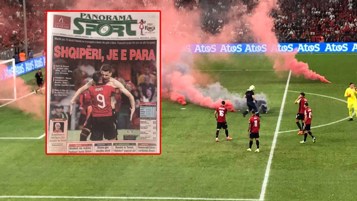 race rzucone na początku meczu w Albanii i okładka jednej z miejscowych gazet