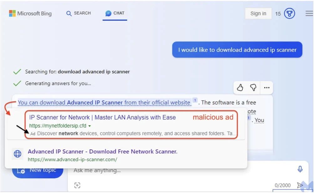 Bing Chat promuje reklamę wykupioną przez oszustów
