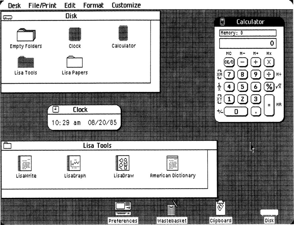 „Wastebasket” na pulpicie systemu komputera Apple Lisa