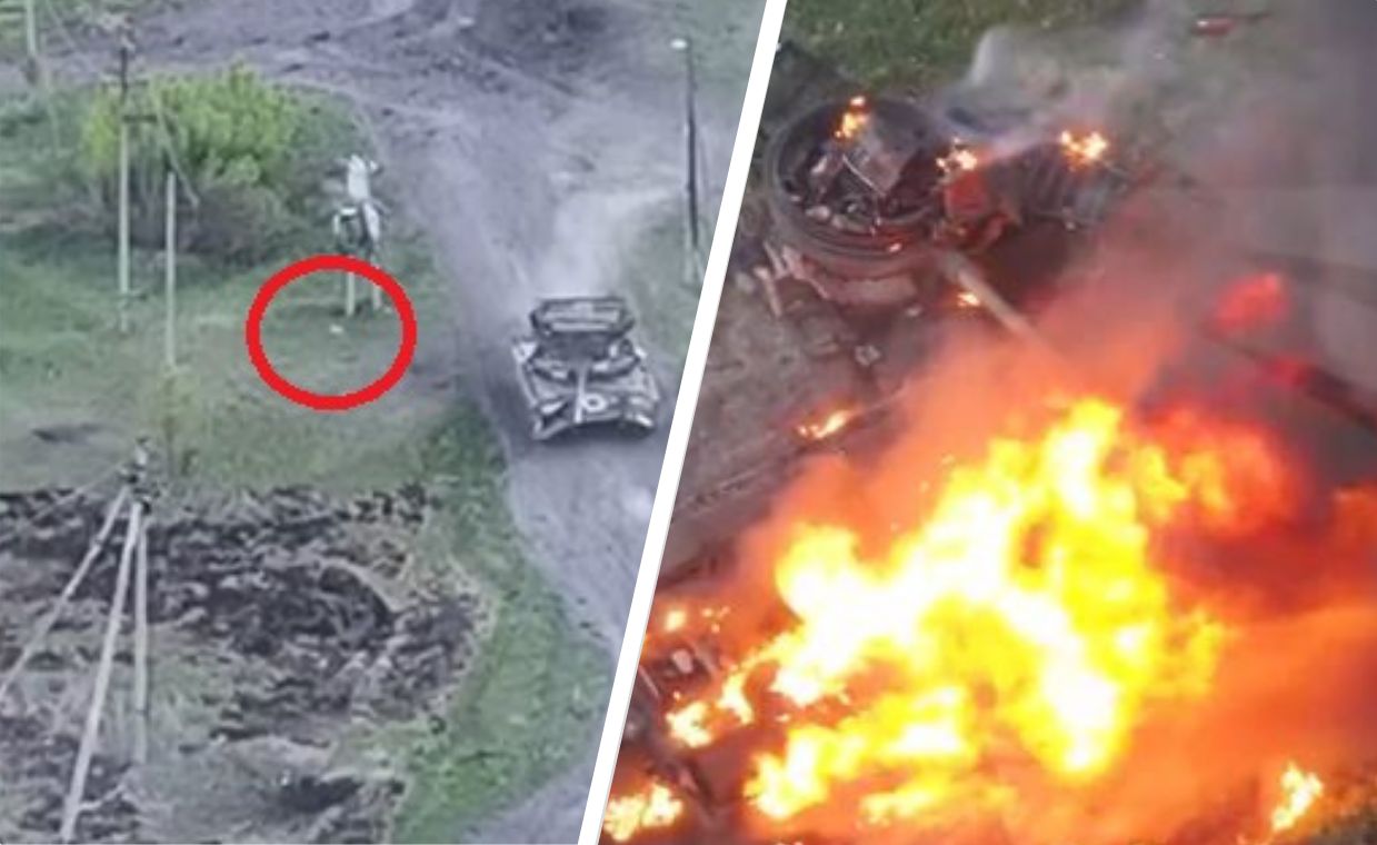 Ukrainian drone strikes Russian tank, turret blown off