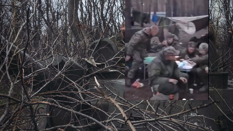 Rosyjscy żołnierze biwakują w lesie