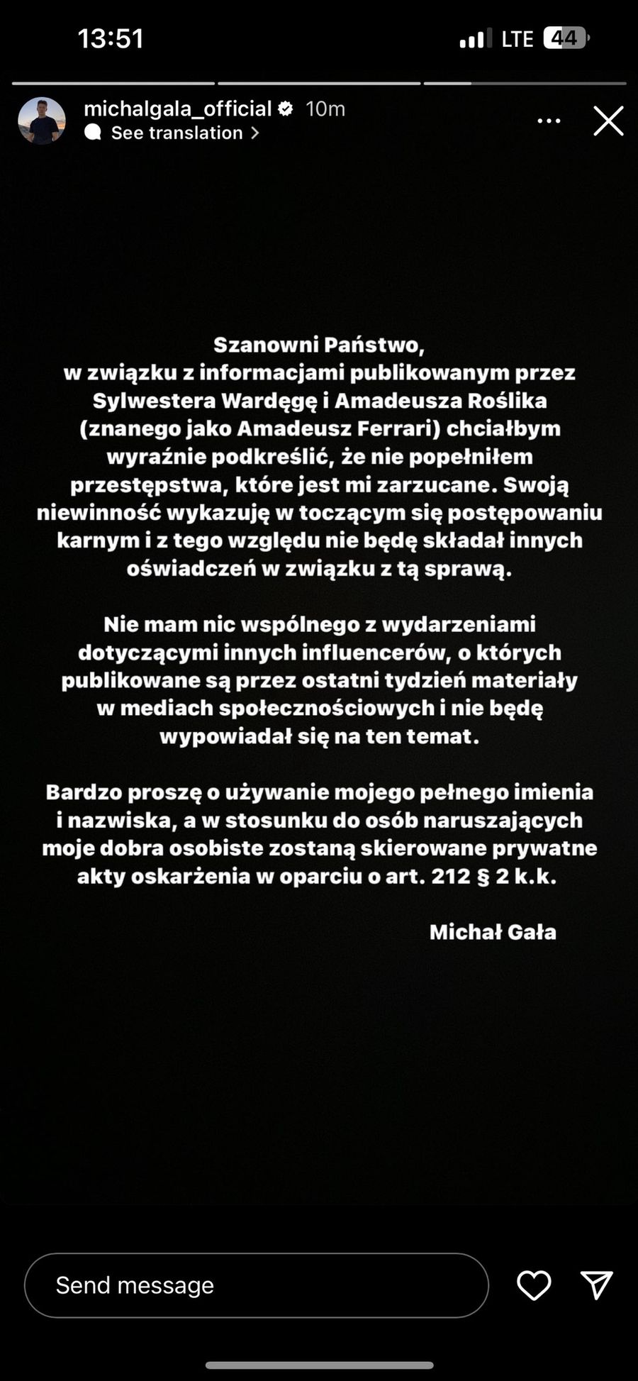 Michał Gała opublikował oświadczenie dotyczące słów Ferrariego