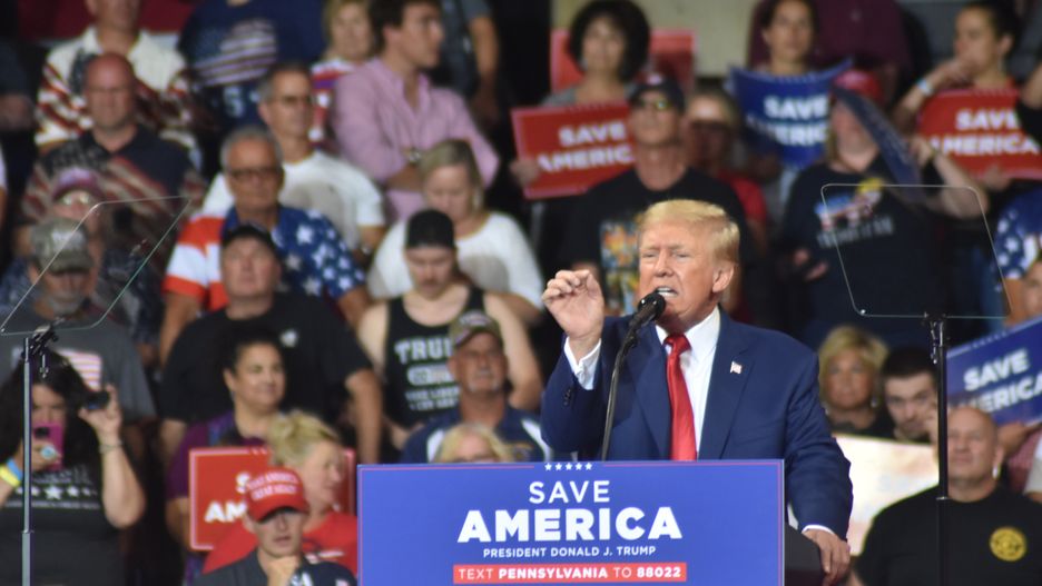 WILKES-BARRE, PENNSYLVANIA, USA - SEPTEMBER 3, 2022: Former President of the United States Donald J. Trump delivers remarks at a Save America rally in Wilkes-Barre, Pennsylvania on September 3, 2022. Former President of the United States Donald J. Trump commented on the FBI raid at Mar-a-Lago in Palm Beach, Florida to the crowd. (Photo by Kyle Mazza/Anadolu Agency via Getty Images)