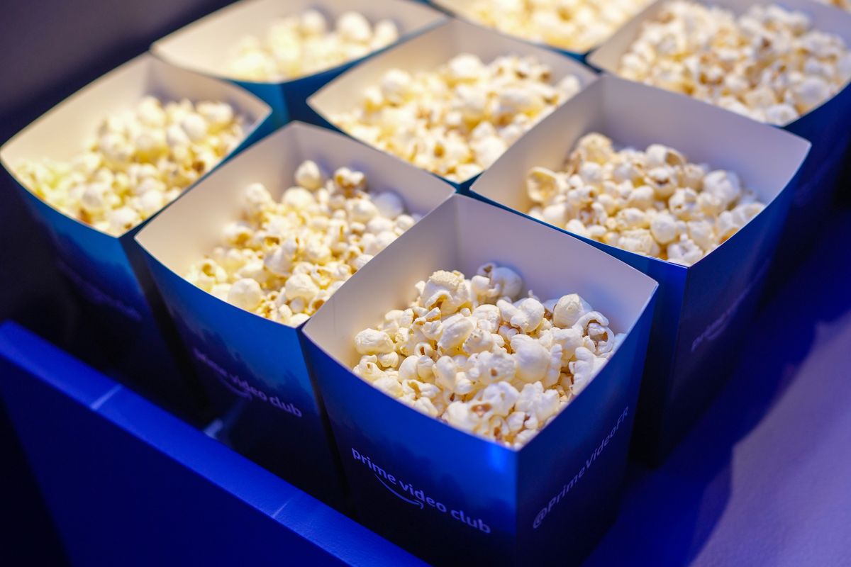 PARIS, FRANCE - DECEMBER 09: General view of popcorn boxes, during the inauguration Of The Prime Video Club at Place de La Madeleine, on December 09, 2021 in Paris, France. (Photo by Edward Berthelot/WireImage)