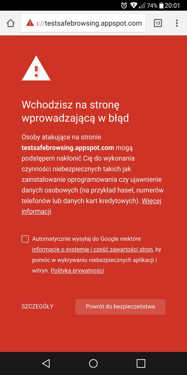 Przykładowe powiadomienie wygenerowane przez Google Safe Browsing podczas korzystania z Google Chrome.