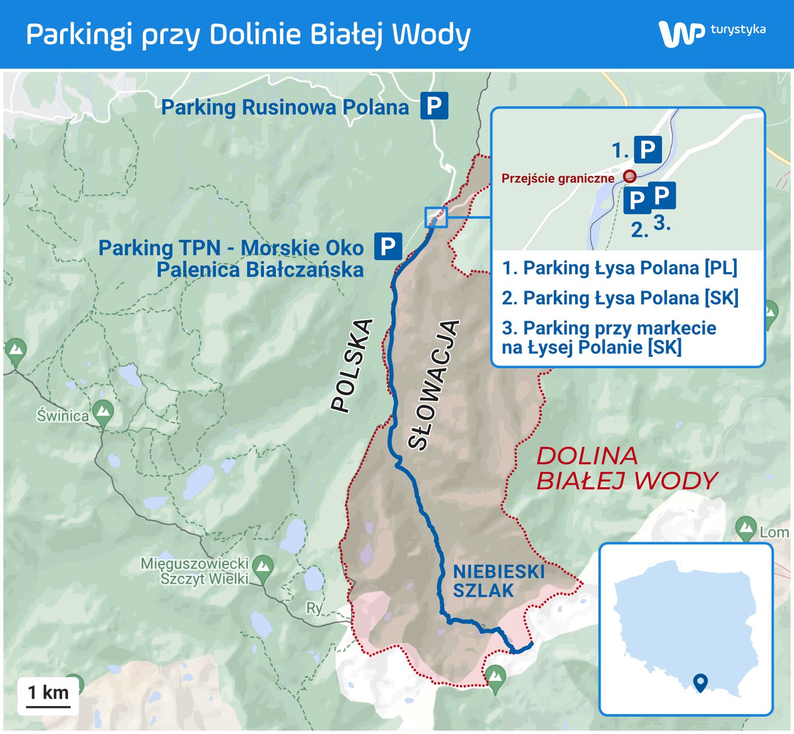 Parkingi po polskiej i słowackiej stronie w rejonie Doliny Białej Wody 