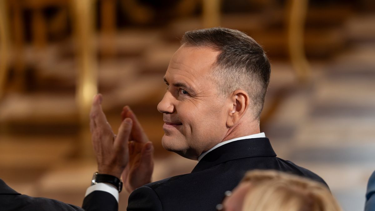 Karol Nawrocki, Poland's president, during his ceremony of investiture at the Royal Castle in Warsaw, Poland, on Wednesday, Aug. 6, 2025. Nawrocki, the nationalist outsider who scored a shock victory in June's runoff for president, was inaugurated on Wednesday, setting up a battle with Tusk's pro-EU administration. Photographer: Damian Lemanski/Bloomberg via Getty Images