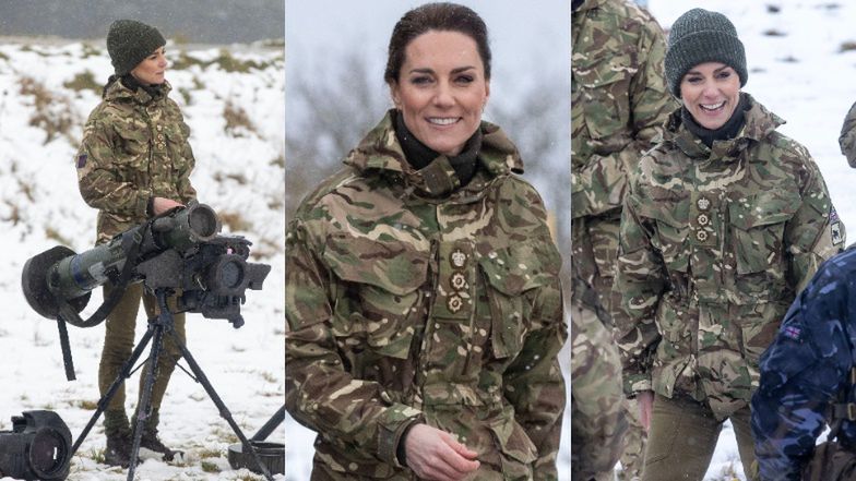 Pułkownik Kate Middleton uczy się OBSŁUGI GRANATNIKA pomykając w moro po zaśnieżonym poligonie (FOTO)