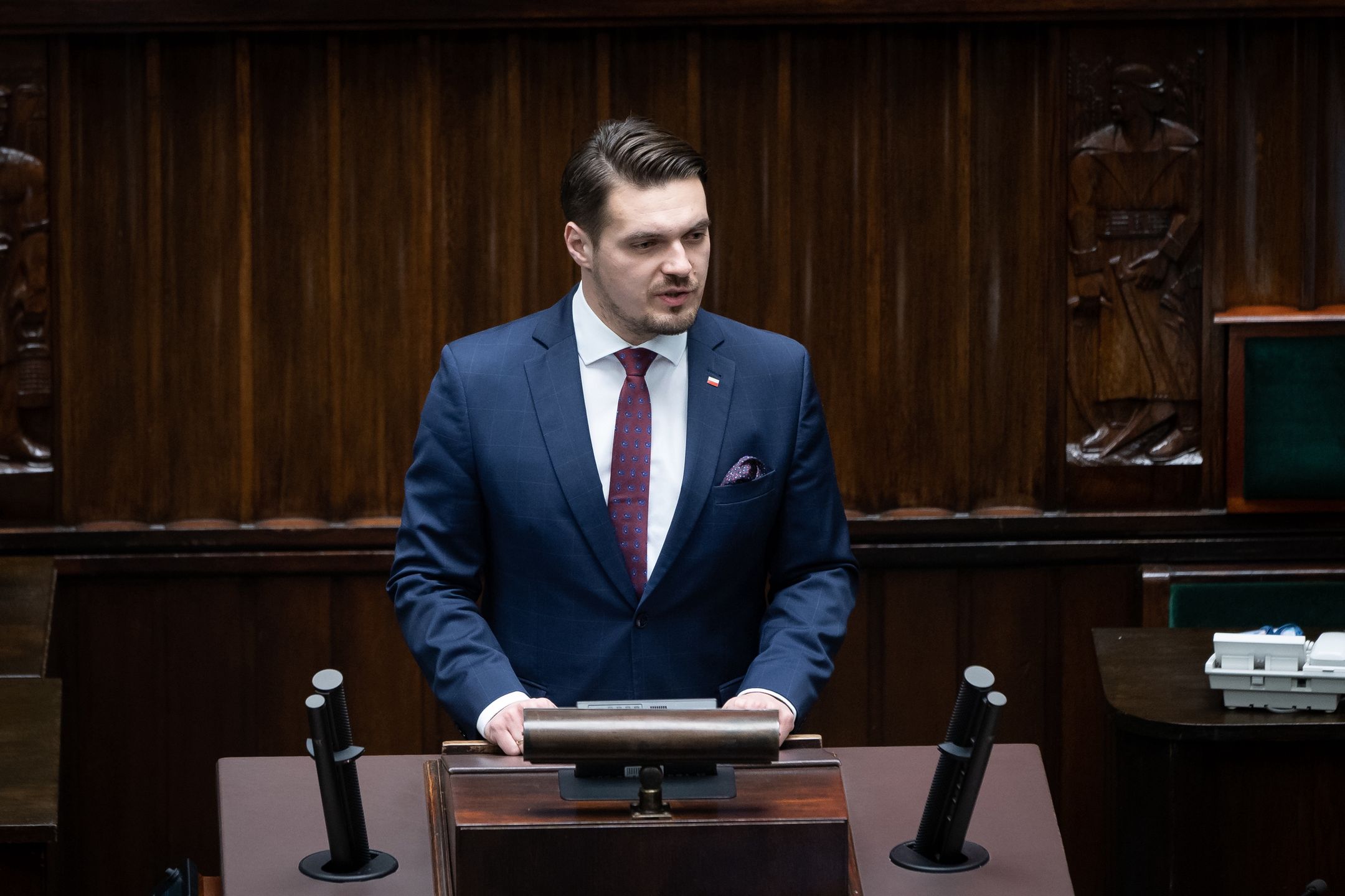 Michal Wypij during the 49th session of the Sejm (lower house) in Warsaw, Poland, on March 3, 2022. (Photo by Mateusz Wlodarczyk/NurPhoto via Getty Images)