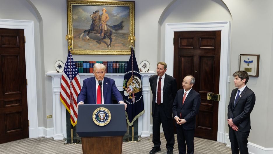 US President Donald Trump (L) gives remarks on artificial intelligence (AI) Infrastructure as Larry Ellison (2-L), Chief technology officer of Oracle, Masayoshi Son (2-R), CEO of SoftBank, Sam Altman (R), CEO of OpenAI look on in the Roosevelt Room of the White House in Washington, DC, USA, 21 January 2025. Trump was joined by the leaders of OpenAI, Softbank, and Oracle, where he announced a new artificial intelligence (AI) initiative and faced questions regarding his 06 January pardons. EPA/AARON SCHWARTZ / POOL Dostawca: PAP/EPA.