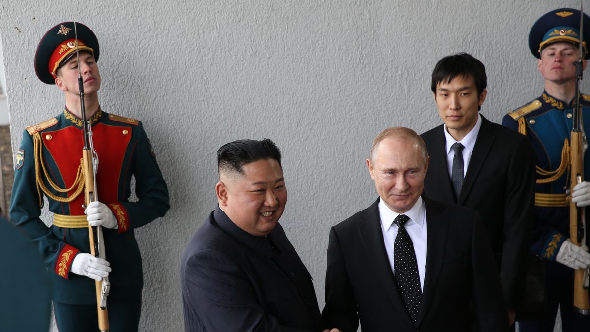 Russian President Vladimir Putin Receives North Korean Leader Kim Jong-un in Vladivostok
VLADIVOSTOK, RUSSIA - APRIL 25: (RUSSIA OUT) Russian President Vladimir Putin (R) greets North Korean Leader Kim Jong-un (L) before a meeting April 25, 2019 in Vladivostok, Russia. Kim Jong-un is on his first visit to Russia.  (Photo by Mikhail Svetlov/Getty Images)
Mikhail Svetlov