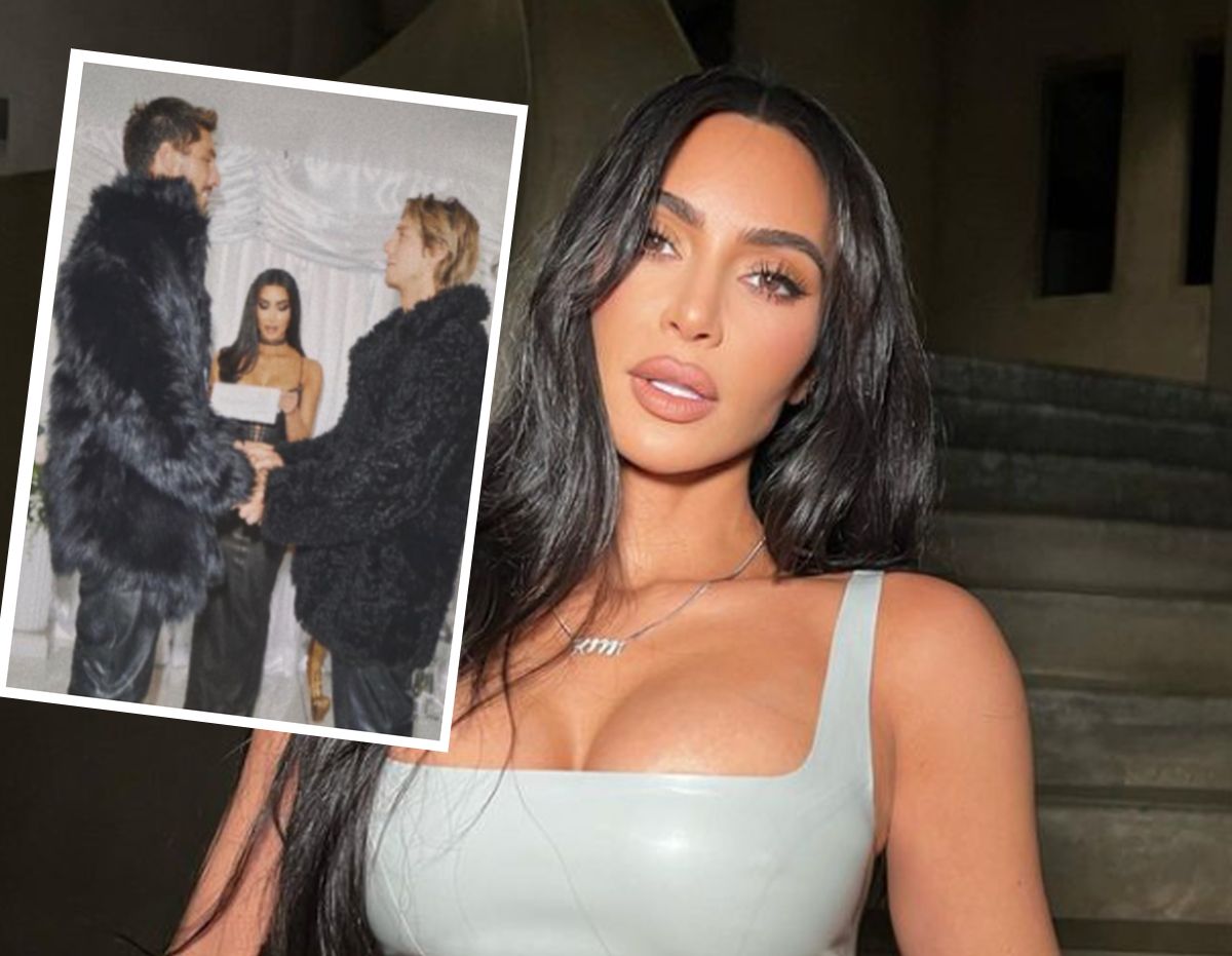 Kim Kardashian udzieliła ślubu znajomym. Miała sukienkę z dekoltem po pępek