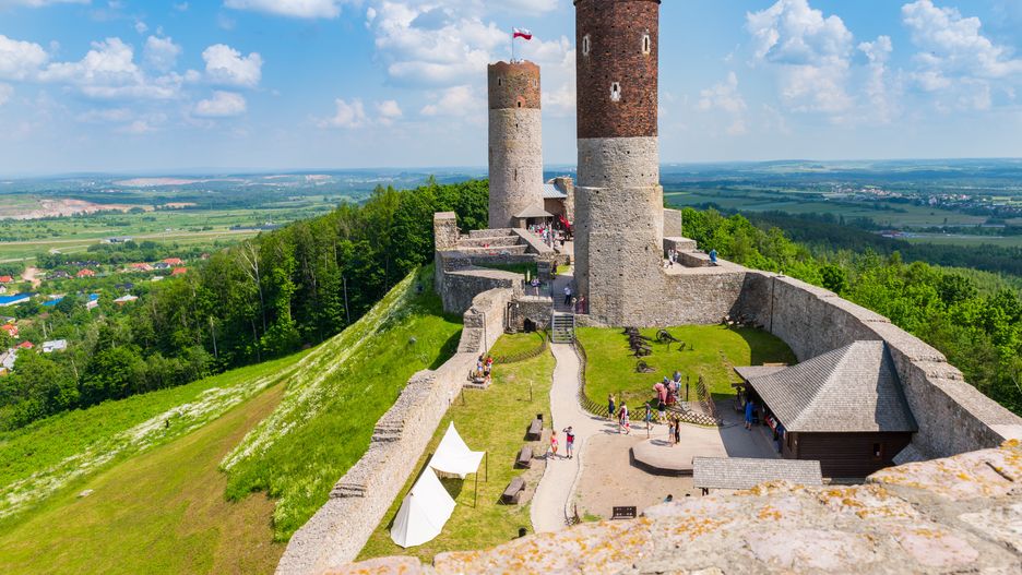 castle, checiny, poland, towers, ancient, attraction, blue, bright, building, cloud, day, europe, fortification, fortress, gothic, green, hill, historic, historical, history, jura, landmark, landscape, medieval, old, people, polish, rock, ruins, scenery, scenic, sky, stone, stronghold, summer, sunny, tourism, tourist, tower, travel, trip, view, wall