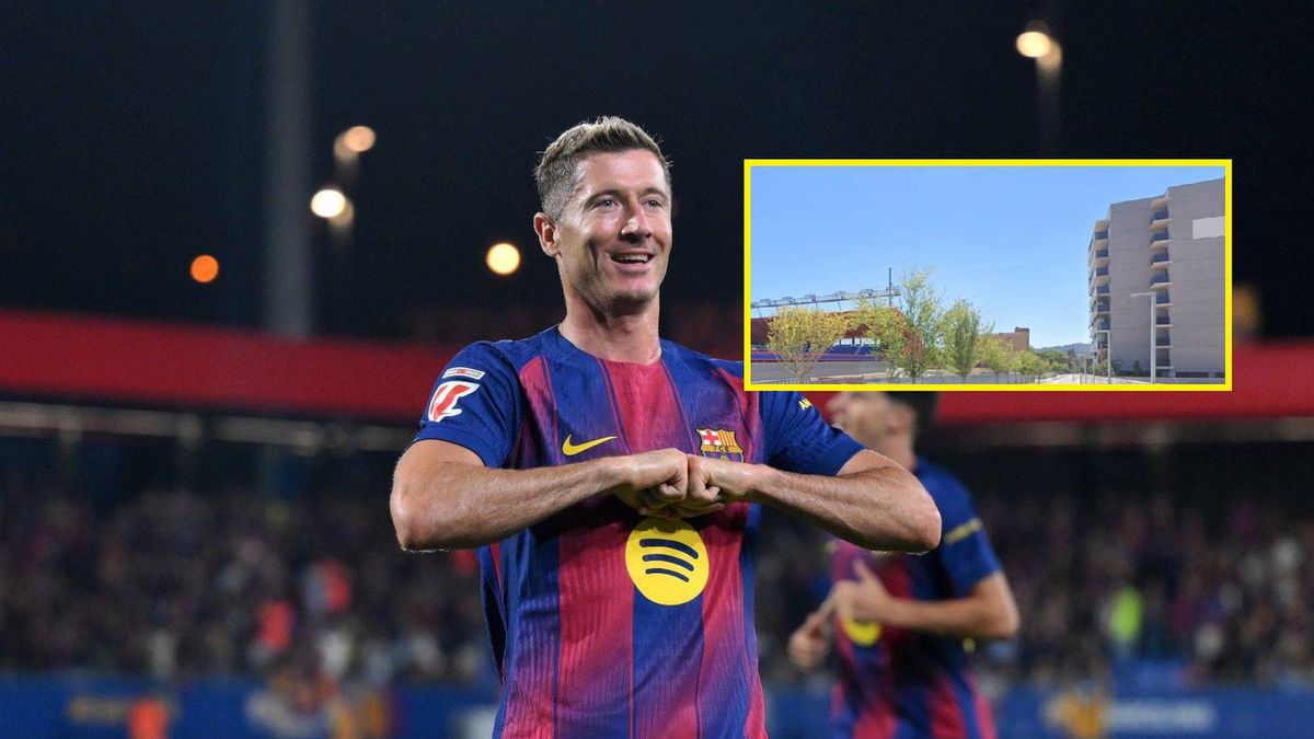 Getty Images / David Ramos/Getty Images/Google Maps / Na dużym zdjęciu Robert Lewandowski, na małym bloki obok stadionu