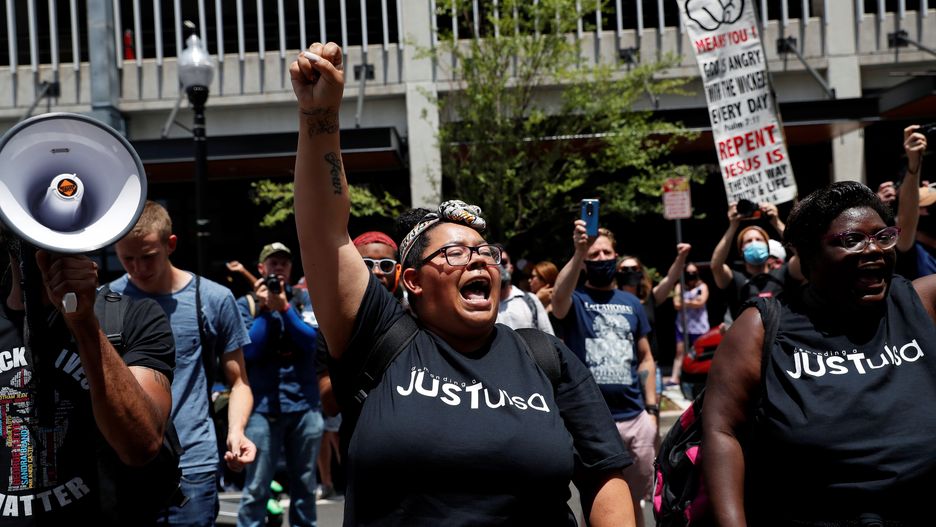 People protest against racial injustice near the site of a rally by U.S. President Donald Trump in Tulsa, Oklahoma, U.S., June 20, 2020.