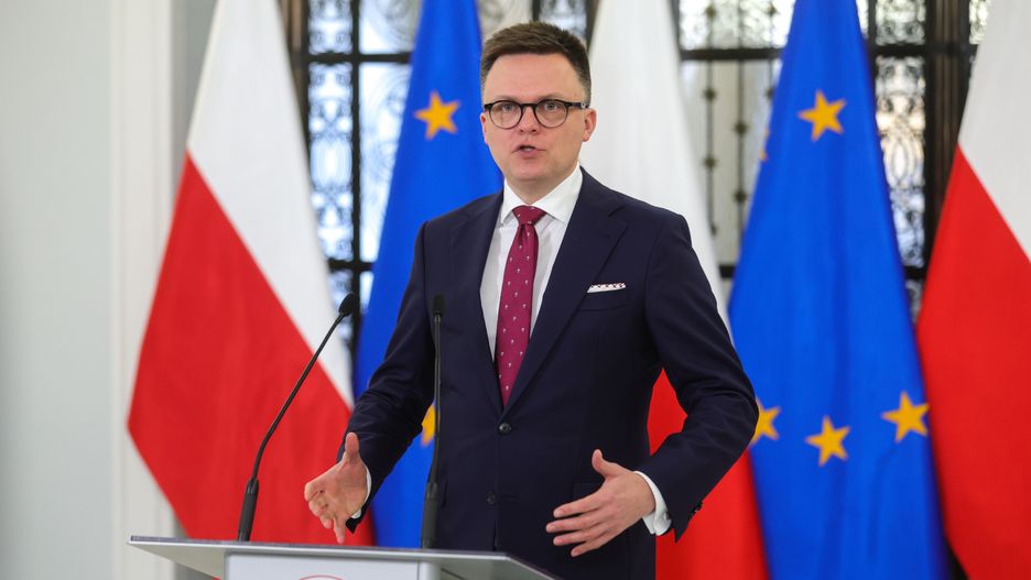 Warszawa, 04.03.2024. Marszałek Sejmu RP Szymon Hołownia podczas konferencji prasowej w Sejmie w Warszawie, 4 bm. (amb) PAP/Rafał Guz
