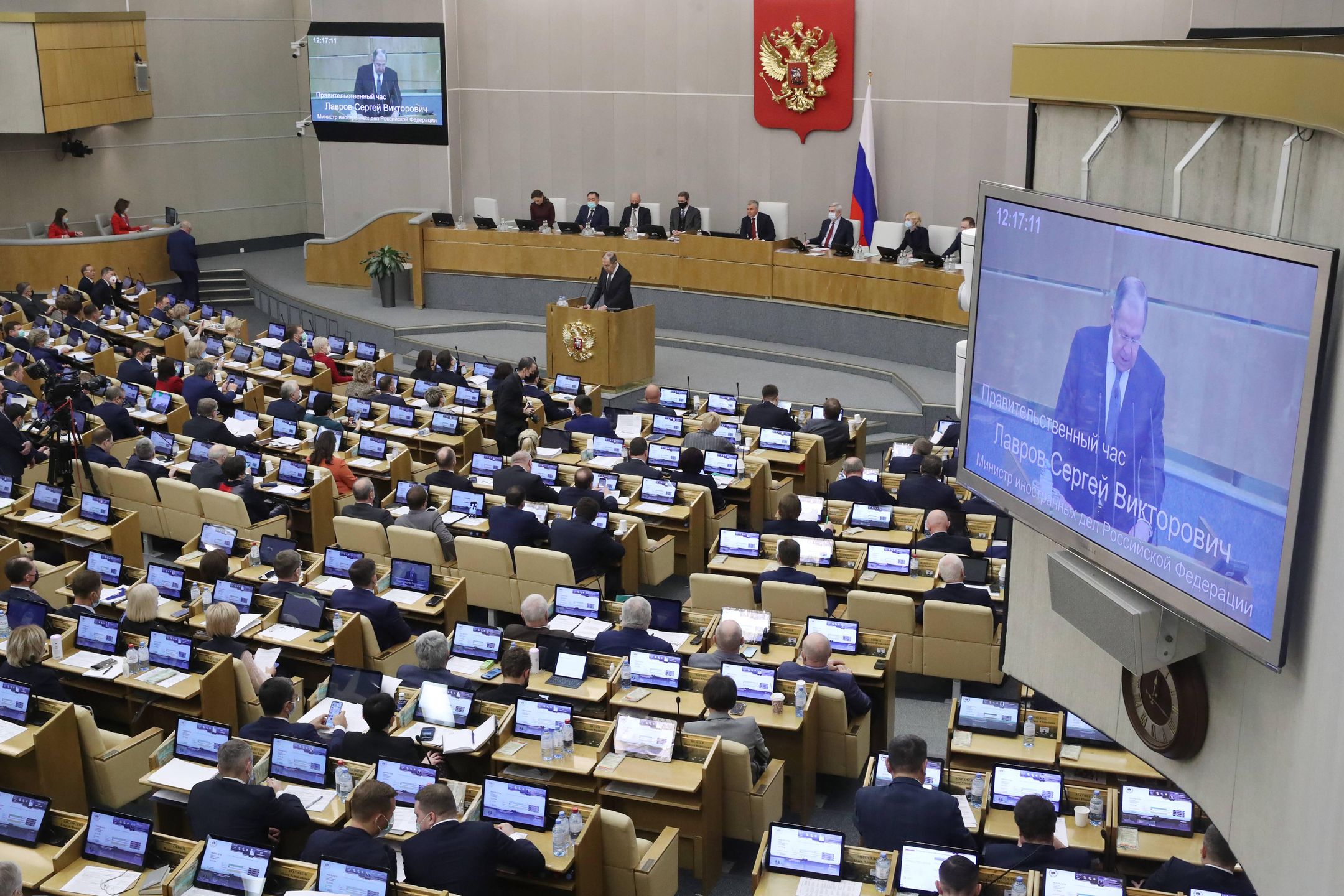 Plenary meeting of Russian State DumaMOSCOW, RUSSIA - JANUARY 26, 2022: Russia's Foreign Minister Sergei Lavrov (C) addresses a plenary meeting of the Russian State Duma. Sergei Fadeichev/TASS 
Dostawca: PAP/TASSSergei Fadeichevforeign affairs, legislature, lower house