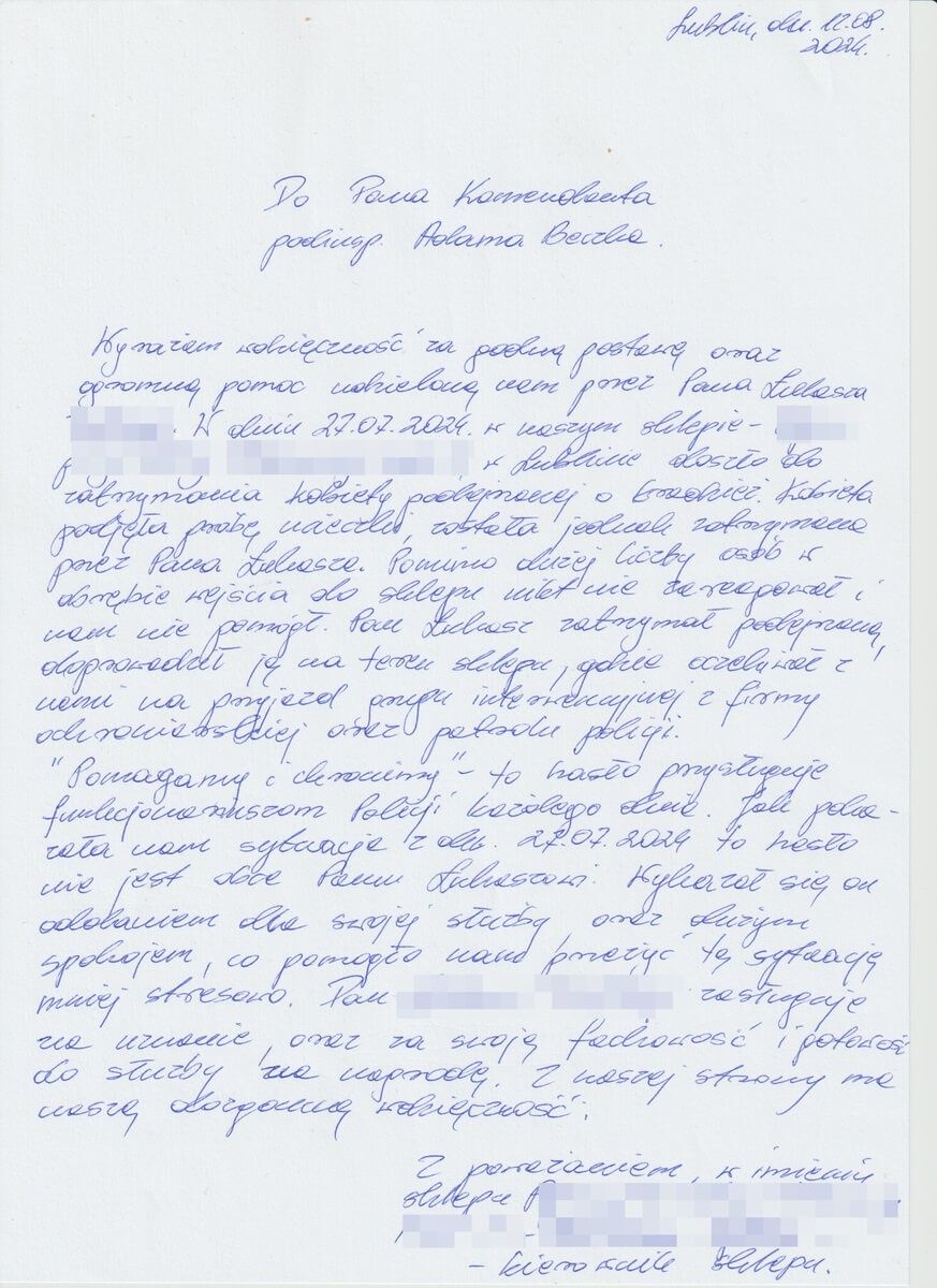 List z gratulacjami dla policjanta
