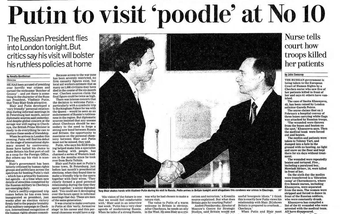 Brytyjski premier Tony Blair "to pudel Putina" - tak go określa politolog Andriej Piontkowski na łamach tygodnika "The Observer" 16 kwietnia 2000 roku