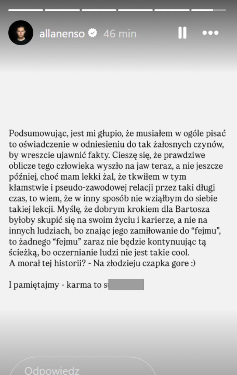 Allan Krupa opublikował oświadczenie 