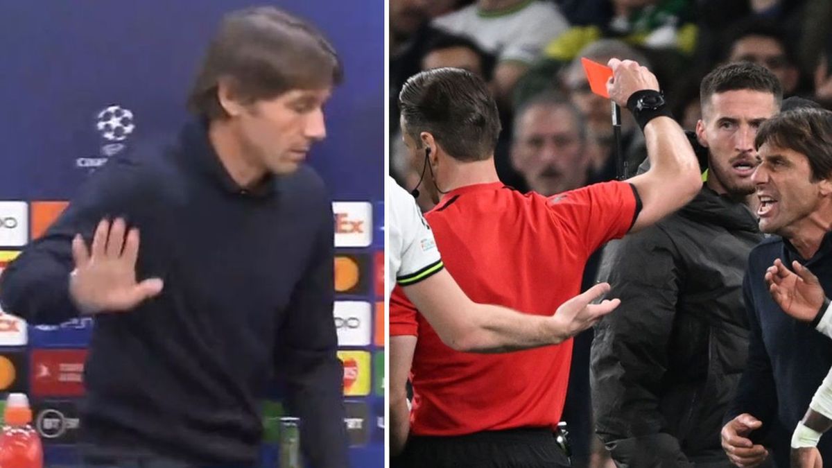 Zdjęcie okładkowe artykułu: Twitter / SkySportsNews / PAP/DANIEL HAMBURY / Na zdjęciu: Antonio Conte na konferencji prasowej, po prawej: Conte otrzymuje czerwoną kartkę w meczu Tottenham - Sporting